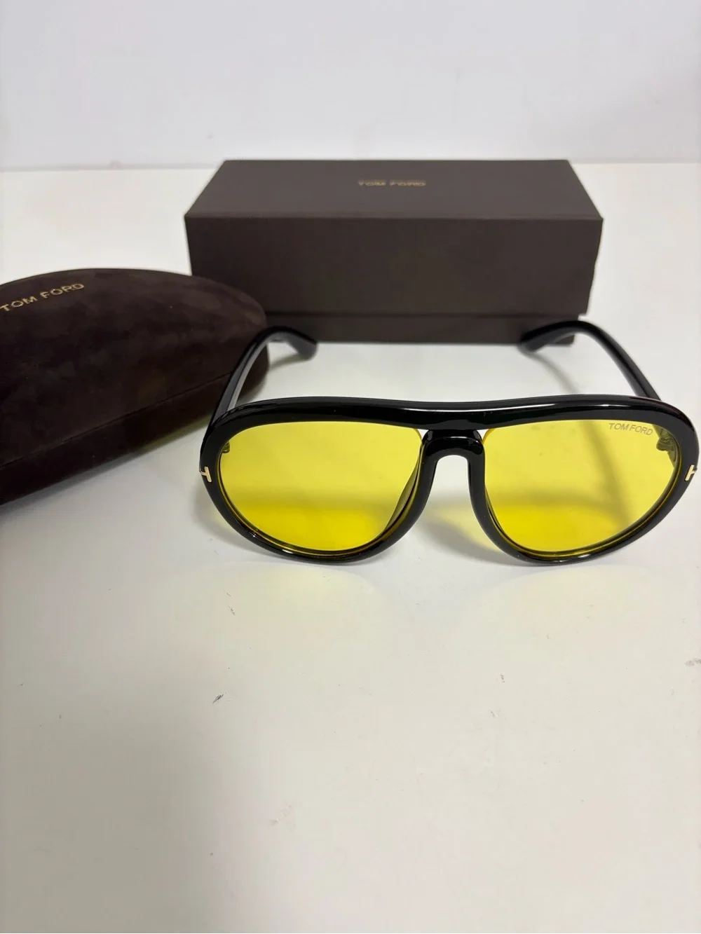 Tom Ford Black Frame Yellow Lens Oversized Aviator Sunglasses